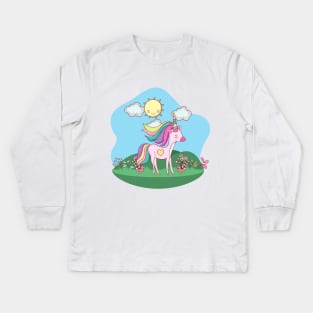 Cute Little Unicorn With Heart Standing In a Field On a Sunny Day Kids Long Sleeve T-Shirt